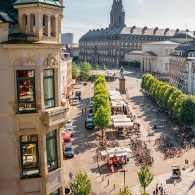 A roof view of Stroget - the most famous shopping area in Copenhagen full of visitors