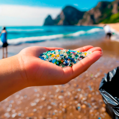 Partículas de microplástico en una mano recogidas de una playa